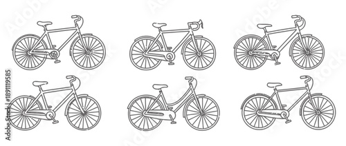 Collection of six vintage bicycle outlines with different styles and designs, showing classic transportation for leisure and sport, detailed retro sketching on white background