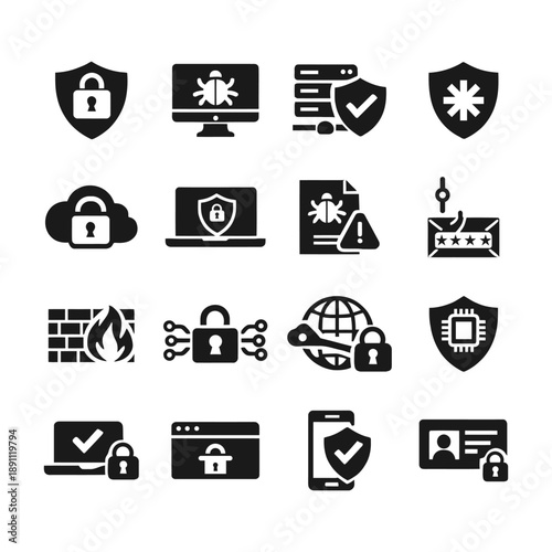 Cybersecurity including locks shields viruses and data protection