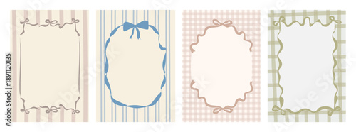 Vintage hand drawn ribbon frame background templates with bows on pastel striped and plaid patterns. Soft retro decorative borders for invitations, branding, spring design. Vector illustration.