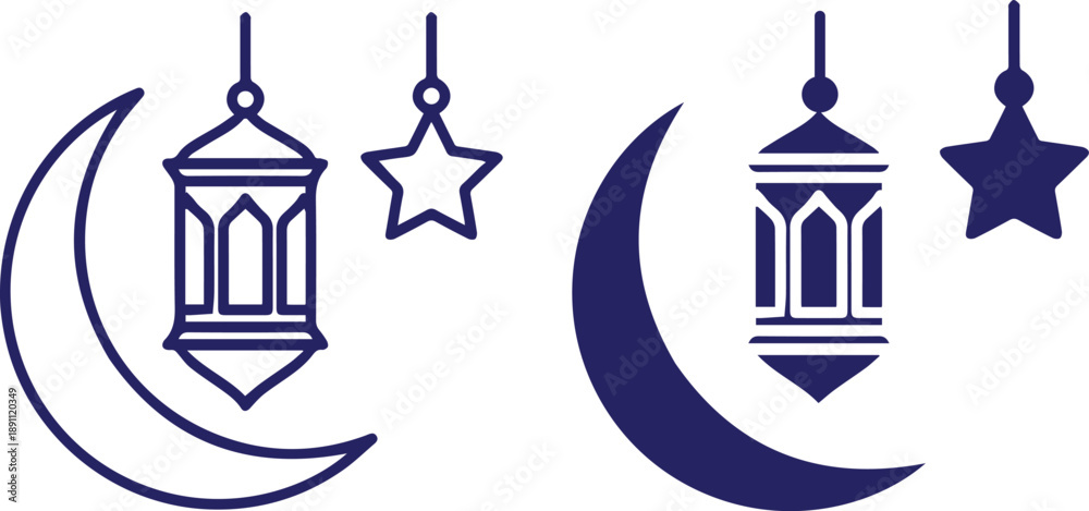 Obraz premium Ramadan islamic crescent moon, hanging lantern, star, stylized, minimalist, geometric, dark blue vector illustration