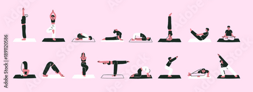 Set of doodle people in different yoga postures. Men and women do sports exercises, training, stand in tree and warrior poses. Athletes practice meditation. Flat isolated outline vector illustrations