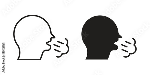 Coughing person icon set, profile view of head with expelled air or germs, outline and solid fill, concept for illness, sickness, allergy, flu, or sneeze, vector graphic.