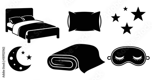 Cozy bedroom and sleep icons illustrating bed pillows blanket eye mask moon and stars representing rest relaxation nighttime slumber and comfort for sleep related designs and relaxation themes