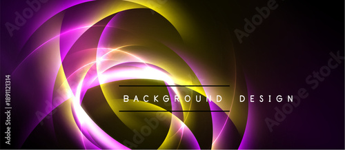 Abstract design features swirling light streaks. Purple, yellow hues dominate dark background. Text reads background design. Modern, dynamic composition.