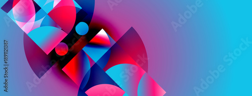 Abstract geometric shapes blend vibrant pinks, blues, purples. Dynamic composition creates modern visual impact. Smooth gradients enhance depth.