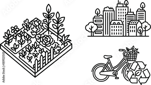 Ecological restoration line art icons for sustainable environment design