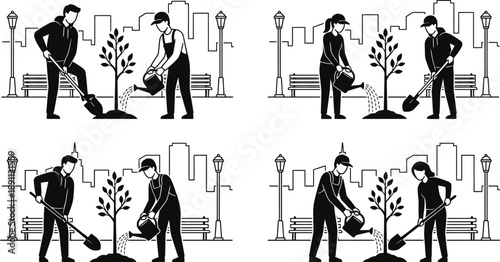 Volunteers planting saplings in urban park flat design illustration
