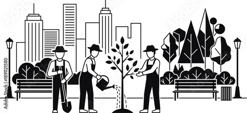 Volunteers planting saplings in urban park flat design illustration