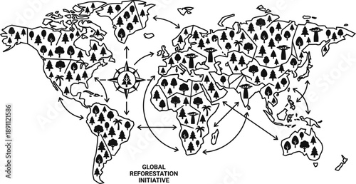 Reforestation map illustration with green tree icons