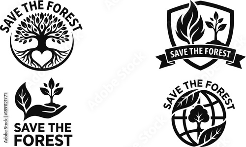 Forest conservation typography with green leaf elements vector design