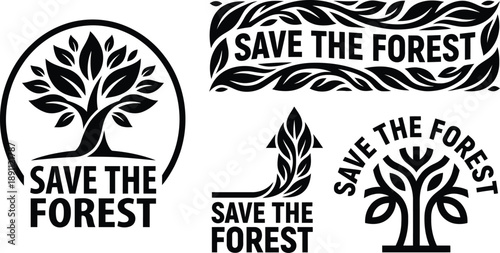 Forest conservation typography with green leaf elements vector design