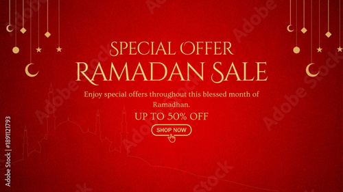 Ramadan Kareem Sale Banner, Islamic Ornament Lantern, moon, star and mosque Red Background