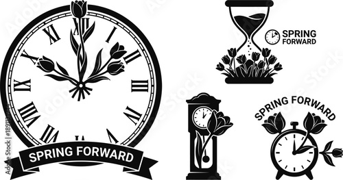 Clock with blooming spring tulips representing time change concept