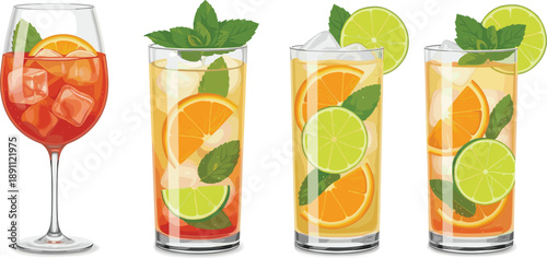 Four glasses with refreshing citrus drinks and lime slices refreshing drinks ice cubes