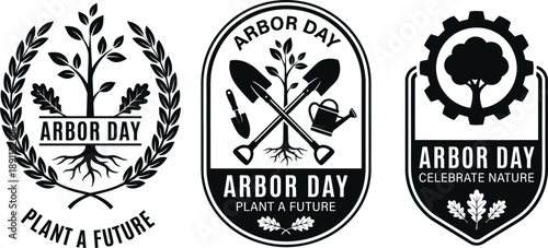 Arbor day badge and sticker design set with trees