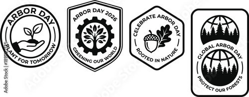 Arbor day badge and sticker design set with trees