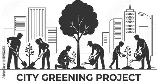 Volunteer group planting trees in urban green space vector