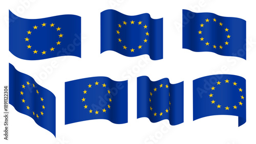 EU flag set, European union waving flag collection. National symbol. European Union flags 3d vector illustration. Design element for banner, presentation. sale, discount, advertisement, web.
