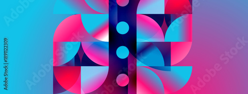Abstract geometric composition. Vibrant colors blend, creating dynamic visual impact. Circles, squares, curves define shapes. Modern design.