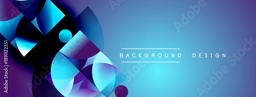 Abstract geometric shapes blend blues, purples. Gradient background creates dynamic visual effect. Modern design element for presentations, websites.
