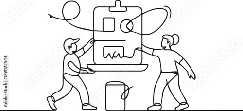 Two people collaborating on a robotic machine project in a modern industrial setting