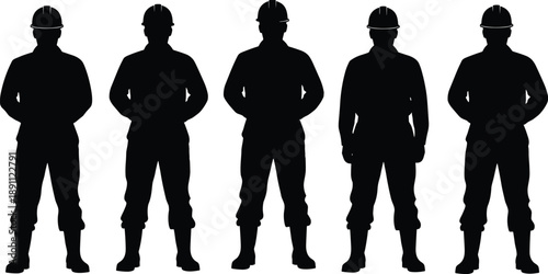Five Silhouettes of Workers Wearing Hard Hats in a Line construction safety