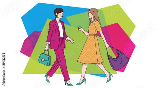 Couple walking together on colorful abstract background with shopping bags