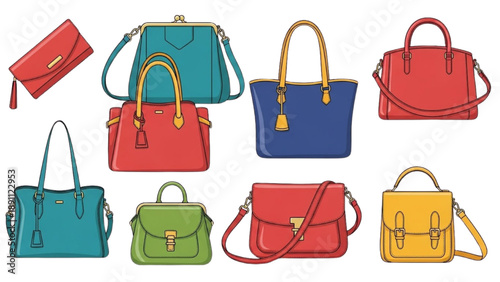 Collection of colorful handbags and purses displayed on a white background from various viewpoints