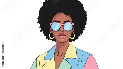 A confident young woman wearing sunglasses and colorful clothing stands against a plain background from a front viewpoint