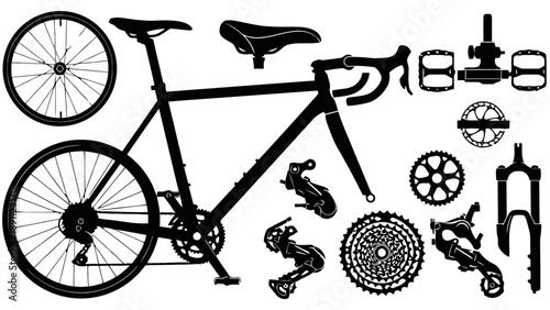 Detailed silhouette of bicycle and its components including frame wheels handlebars gears and pedals representing cycling sport equipment and assembly for fitness or hobby