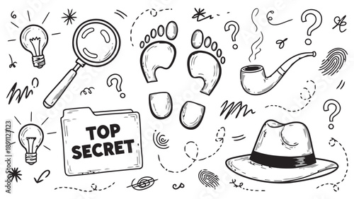 Detective and mystery investigation elements including magnifying glass footprints pipe hat top secret folder light bulbs and question marks perfect for crime solving