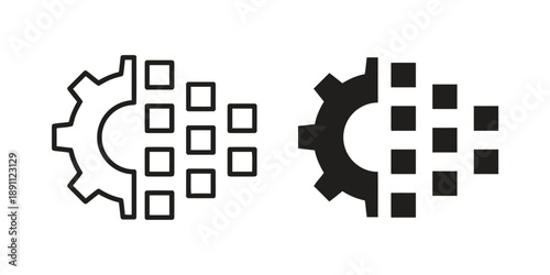 Digital transformation icon set, gear mechanism merging into digital squares, outline and solid fill, representing technology, data processing, automation, innovation, vector art.