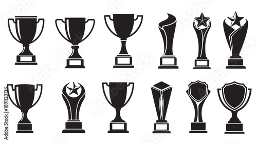 Diverse array of athletic trophies and awards in black silhouette style representing victory achievement and competition in sports and other award ceremonies