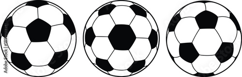 Three black and white soccer balls with different patterns sports ball spherical