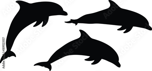 Three black dolphin silhouettes leaping out of water in a playful formation white