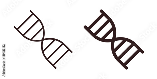 DNA helix icons in outline and solid fill styles, symbolizing genetic code, life science research and biotechnology innovations for medical discoveries