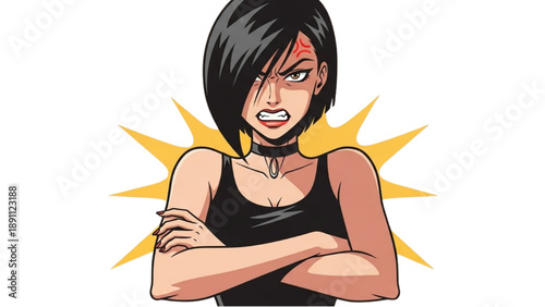 A confident young woman with crossed arms and a determined expression is illustrated against a vibrant background