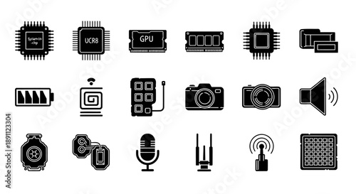 Black Smartphone Anatomy Icons Set in One Frame
