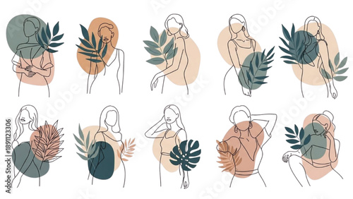Line art illustrations of women embracing plants in various poses and environments