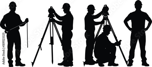 Silhouette of Surveyors Using Measuring Equipment on Construction Site tripod