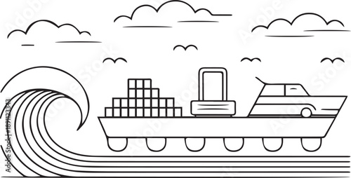 A large cargo ship navigates through turbulent ocean waves under a cloudy sky