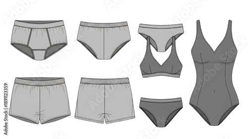 Collection of various swimwear and underwear illustrations displayed together from different viewpoints