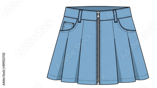 A blue pleated skirt with pockets and a zipper, front view illustration