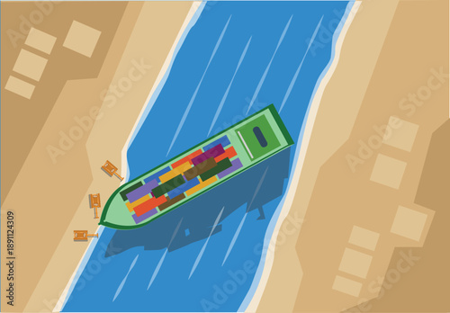 A troubled ship blocks the suez canal that connects Mediterranean Sea and Red Sea concept. Editable Clip Art.