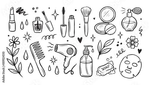 Doodle set of cosmetic and beauty items for makeup and skincare routine, flat vector illustrations on white background, isolated elements.