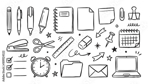 Doodle set of office and school supplies, stationery, and organization items, flat vector illustrations on white background, isolated elements.