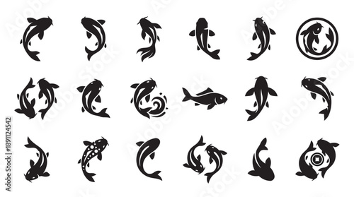 Dynamic collection of koi fish silhouettes in various swimming poses and decorative arrangements, symbolic oriental water creature illustrations for art and design.