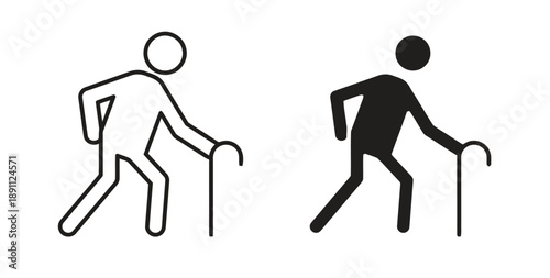 Elderly person with walking stick icon in both line drawing and solid fill styles, depicting old age, senior citizen, and mobility aid