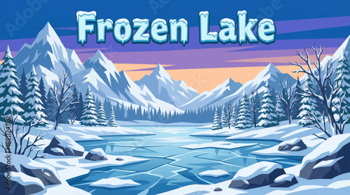 frozen lake spans a winter wilderness scene, showcasing ice textures, snow covered surroundings, and seasonal stillness popular for winter and holiday content