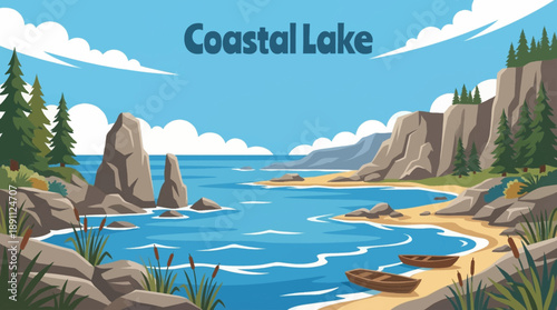 coastal lake lies near the ocean shoreline, merging freshwater calm with marine elements to create a unique and visually rich coastal landscape composition